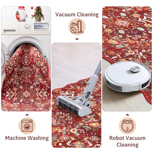 2x8 Christmas Runner Rug Washable Christmas Holiday Carpet Runner (Red Christmas Floral / 2' x 8')
