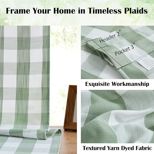 Sage Green Buffalo Plaid Semi Sheer Curtain Panels 84 Inches Long (Sage Green/White / 52"W x 84"L (Pack of 2))