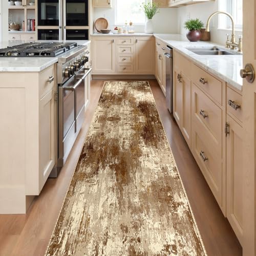 Washable Runner 2'x8' Abstract Area Rug for Hallway Brown Tan (Brown/Tan / 2' x 8' (Runner))