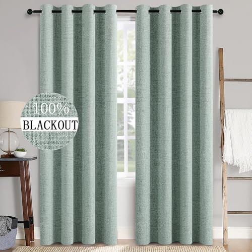 100% Blackout Linen Curtains for Bedroom 52x84 Inches Seafoam Green (Seafoam Green / 52"W x 84"L (Pack of 2))