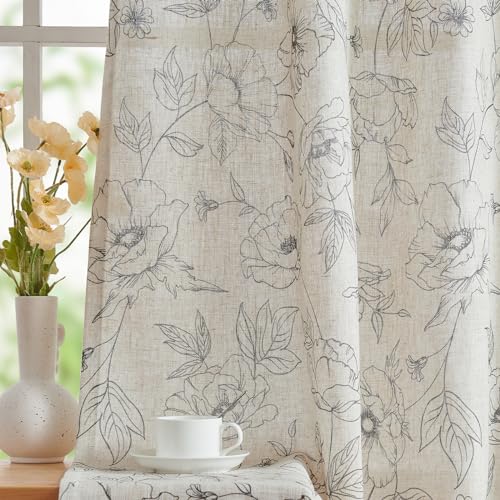 Linen Floral Curtains for Living Room 84 Inch Length Grey Flower Curtain Rod Pocket Back Tab Farmhouse Curtains with Printed Floral Bedroom Window Curtain Set (Penny Grey on Ecru / 50"W x 84"L (Pack of 2))