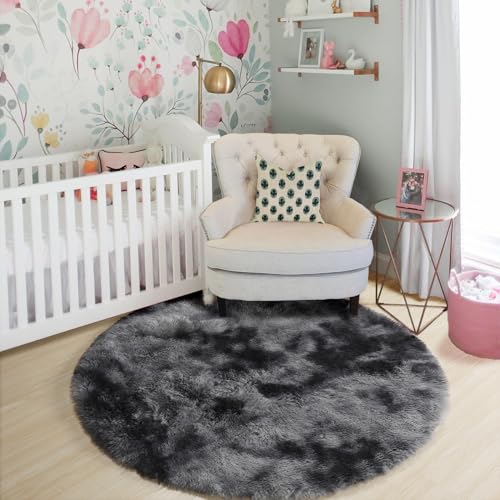 Tie Dyed Dark Grey Large Round Rug 7Ft for Bedroom Living Room (Tie-dyed Dark Grey / 7' (Round))
