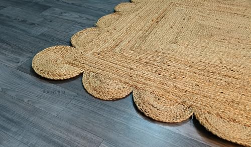 Natural Scallop Pattern Jute Area Rug Hand Woven Famhouse Rectangle 5x7 Rug (5'x7' / Natural)