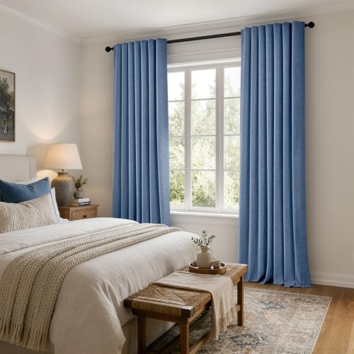 100% Blackout Linen Curtains for Bedroom 42 x 90 Inch Blue 2 Panels (Blue / 42"W x 90"L (Pack of 2))