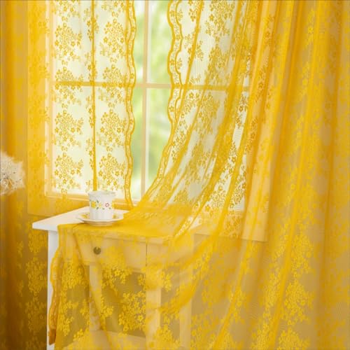 Vintage Lace Curtains 63 Inch Length (Mustard Yellow / 52"W x 63"L (Pack of 2))