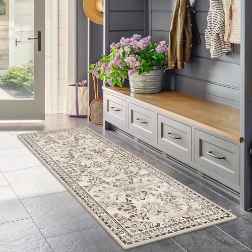 2x10 Washable Hallway Runner Rug Non Slip Floral Carpet (Brown / 2' x 10')