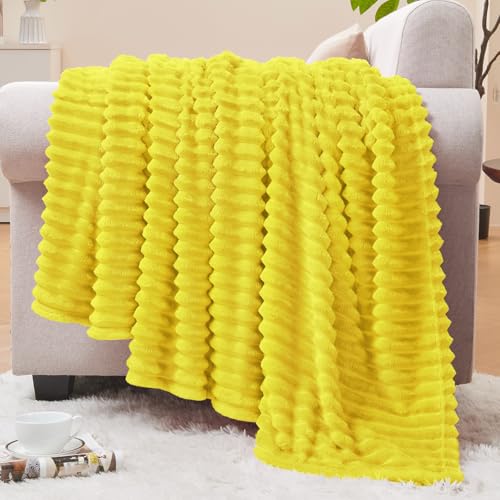 3D Ribbed Jacquard Yellow Fleece Twin Blanket for Bed (Yellow / Twin(60"x80"))