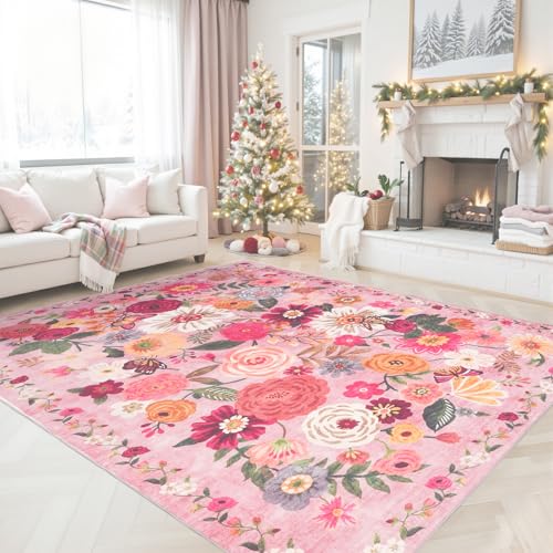 Pink Floral Area Rug 5x7 for Living Room Bedroom (Pink / 5' x 7' (Rectangular))