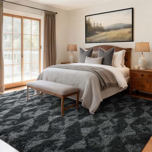 6x9 Ft Large Shag Rugs for Bedroom Living Room for Men Boys (Fb Black Grey 5sm06 / 6' X 9' (Rectangular))