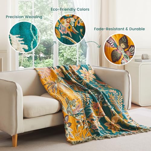 Boho Throw Blanket 60"x80" 100% Cotton Floral Muslin Blanket for Sofa (Leaves Flowers / 60"x80")