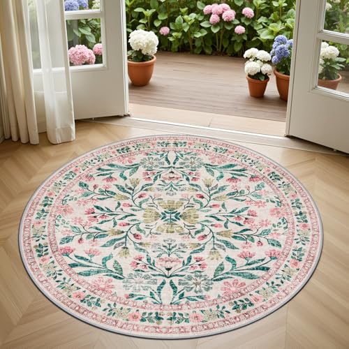 Round Area Rug Living Room (Pink/Green / 4' (Round))
