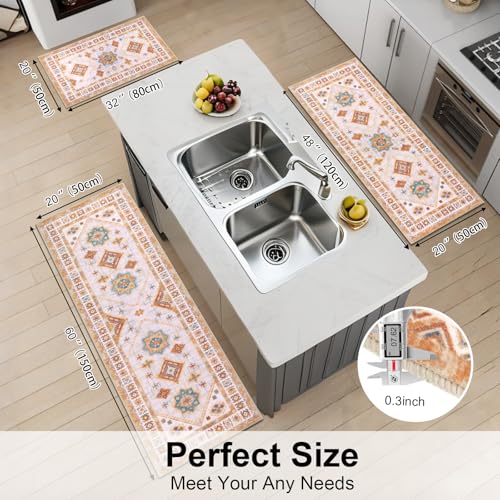 HEBE Boho Kitchen Rugs Set of 3 (Colorful Cream / 20"x32"+20"x48"+20"x59")