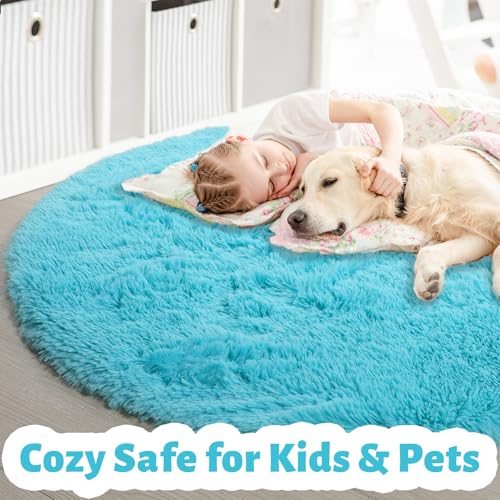 Blue Large Fuzzy Round Circle Area Rug 6Ft for Living Room Bedroom (Blue / 6' (Round))