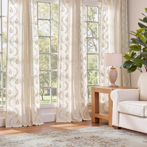 Floral Linen Curtains 96 Inch Farmhouse Back Tab 2 Panels (Beige / 50"W x 96"L (Pack of 2))