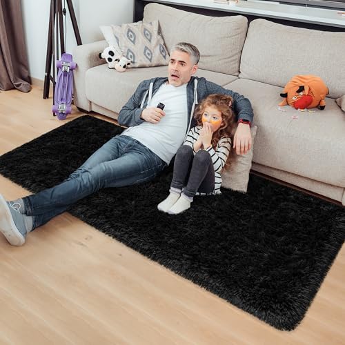 2x5 Bedside Area Rugs for Bedroom Soft Fluffy Shag Black Rug for Hallway Non (Black / 2' x 5' (Runner))