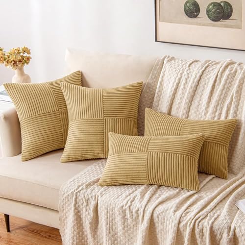 Khaki Decorative Euro Sham Pillow Covers 24x24 Inch for Bed Couch Sofa Pack of 2 Boho Farmhouse Throw Pillows Soft Cross Corduroy Patchwork Textured Cushion Cases (24" x 24" (Pack of 2) / Khaki)