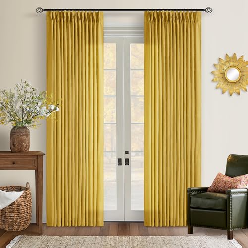 Mustard Yellow 90 Inch Thick Linen Curtains Pinch Pleated 2 Panels Set (Mustard Yellow / 40"W x 90"L (Pack of 2))