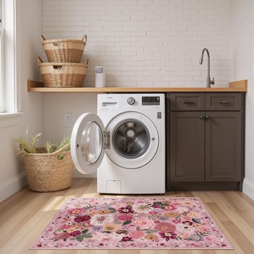 Pink Garden Floral Hallway Runner Rug 2x5 for Bedroom Kitchen (Pink / 2' x 5' (Rectangular))
