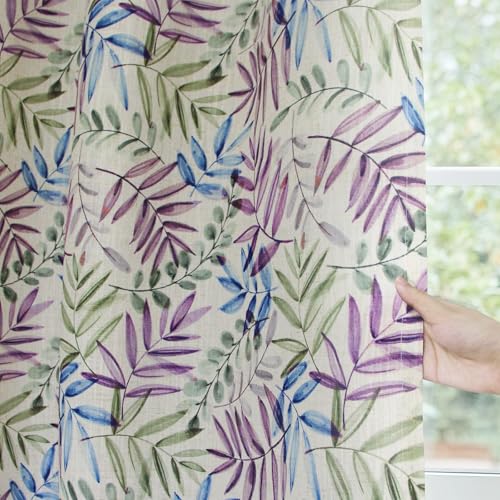 84 Inches Blue and Purple Leaves Linen Curtains for Bedroom (Linen Blue and Purple / 52"W x 84"L (Pack of 2))