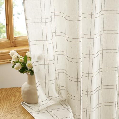 Extra Long Curtains Rustic Grid Pattern for Farmhouse (52"W x 102"L (Pack of 2) / Grid Pattern | Light Beige)