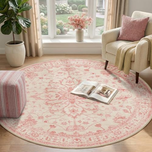 Washable Area Rug (Pink/Light Vintage Pink / 4' (Round))