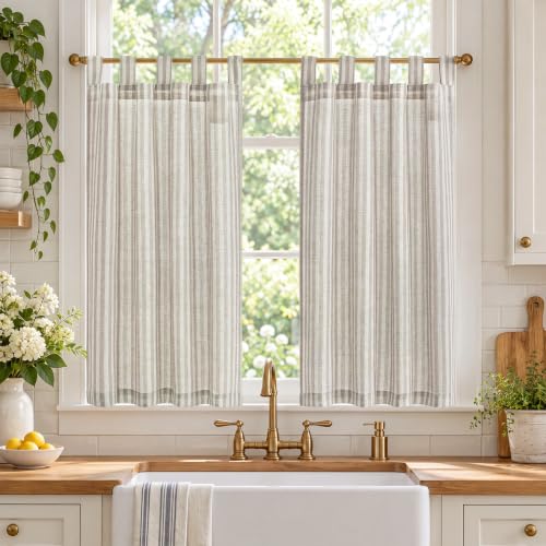 Tab Top Linen Kitchen Curtains 36 Inches Striped Tier Curtains Farmhouse Modern Cafe Style Small Window Treatments Airy Light Filtering Rod Pocket for Living Room Bathroom 2 Panels Taupe Grey (D | Taupe Grey on Beige / 26"W x 36"L (Pack of 2))