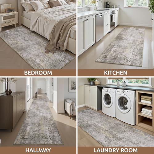 2 x 8 Hallway Runner Rug Non Slip Super Soft Long Runner Rugs Machine Washable Low Pile Modern Abstract Runners for Hallways for Bedroom Laundry Room Kitchen (Beige / 2' x 8')