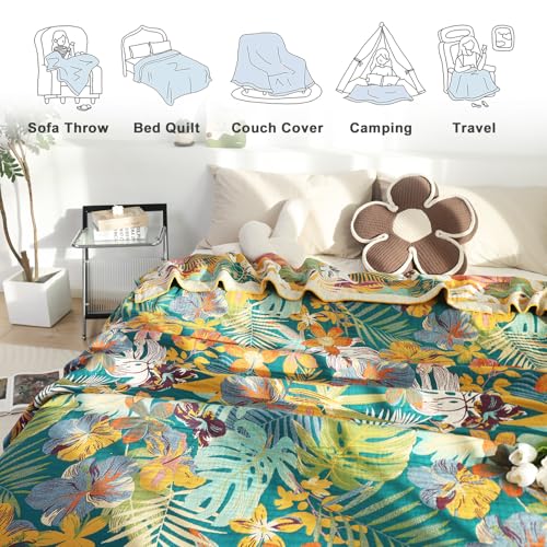 Boho Throw Blanket 60"x80" Cotton Floral Blanket for Couch Sofa Bed (Leaves Flowers 2 / 60"x80")