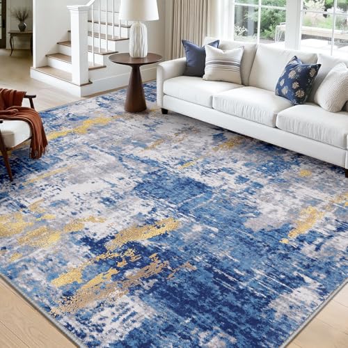 Washable 7'x10' Abstract Area Rug for Living Room Blue Gold (Blue/Gold / 7' x 10' (Rectangular))
