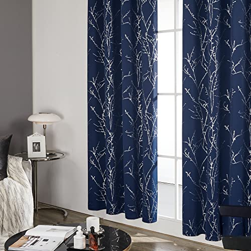 Living Room Curtains 63 Inches Long (Navy Blue/Tree Branch / 42"W x 63"L (Pack of 2))