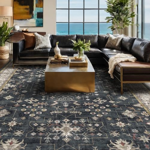 Black Farmhouse Washable 7x10 Area Rugs for Living Room (7' x 10' (Rectangular) / Ashen / Multi)