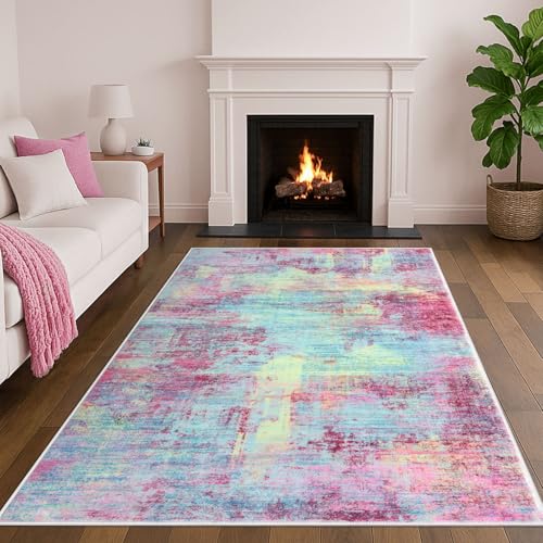 Abstract Area Rugs 5x7 Ft Washable Rugs for Living Room (Multi Pink / 5' x 7' (Rectangular))