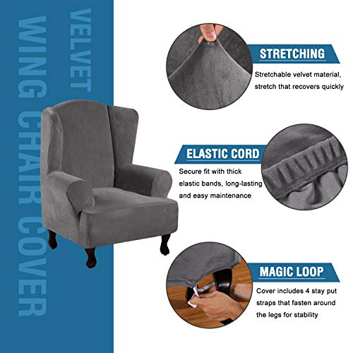 Wingback Chair Covers Velvet Plush Wing Chair Slipcover 1 Piece High Stretch Wing Back Chair Slipcovers Sofa Cover Furniture Cover with Elastic Bottom (Charcoal Gray / Wing Chair)