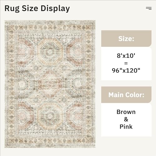 Washable Area Rug 8x10 Large Soft Living Room Rugs Brown (Brown/Pink / 8' x 10' (Rectangular))
