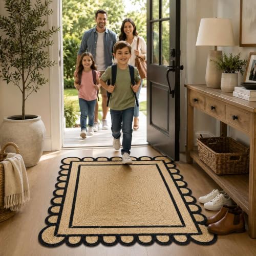 Scalloped Natural Jute Area Rug 3x5 Ft (Black / 3' x 5' (Rectangular))