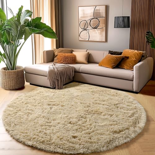 Beige Boho Round Circle Fluffy Area Rug 4Ft for Bedroom Nursery (Beige / 4' (Round))