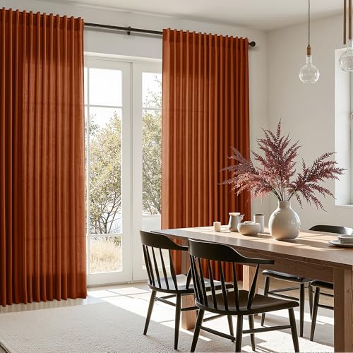 Extra Wide Linen Curtains for Living Room 84 Inches Long Terracotta Light Filtering Semi Sheer Boho Farmhouse Curtain for Bedroom Office Luxury Back Tab and Rod Pocket 100x84 (100"W x 84"L (Pack of 2) / Terracotta)