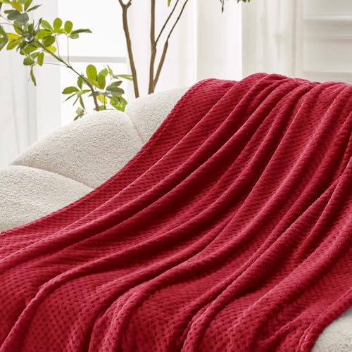 Soft Waffle Fleece Bed Blanket Queen Size (Deep Red / 90x90 in)