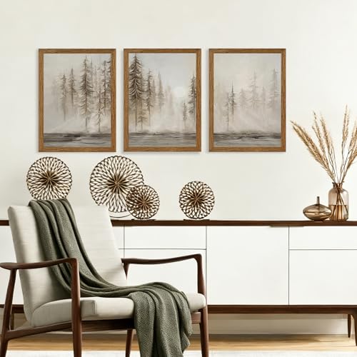 Triptych Neutral Misty Forest Framed Canvas Wall Art (16"L x 12"W / Sunny Forest)