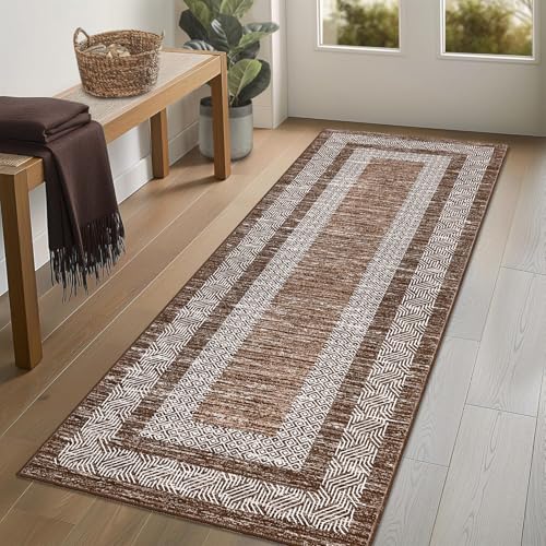 2x6 Modern Bordered Runner Rug Soft Non Slip Washable Floor Carpet (Dark Brown / 2' x 6' (Runner))
