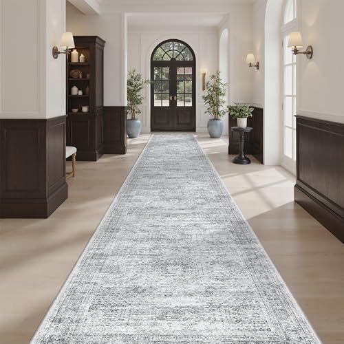Hallway Runner Rug 2'6" x 14' Washable Long Kitchen Rugs Grey (Grey / 2'6" x 14' (Runner))