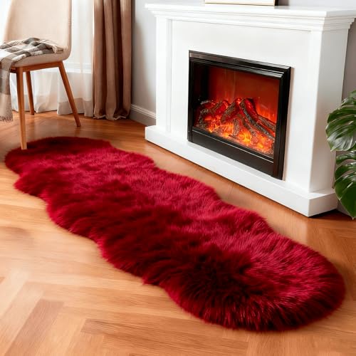 Faux Fur Rug Sheepskin Shag Fluffy Fuzzy Red 2x6 ft Runner Rugs for Bedroom Bedside Bed Floor Living Room Plush High (2' x 6' (Runner) / Red)