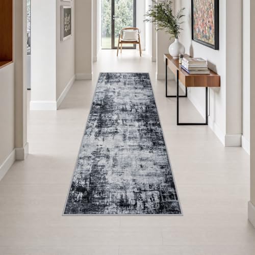 2.6x8 Washable Runner Rug：Modern Abstract Soft Carpet Dark Black (Dark Black / 2'6" x 8' (Rectangular))