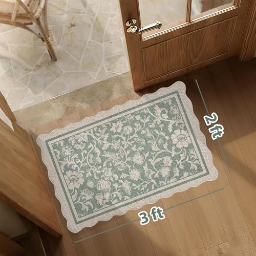 Scalloped Easy Jute 2x3 Area Rug Vintage Green Floral Doormat (3' x 2' (Rectangular) / Green)