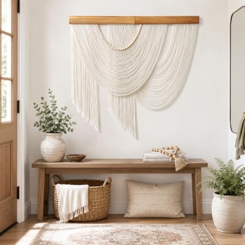 Large Macrame Wall Hanging Boho Tapestry Macrame Wall Art Decor (Beige)