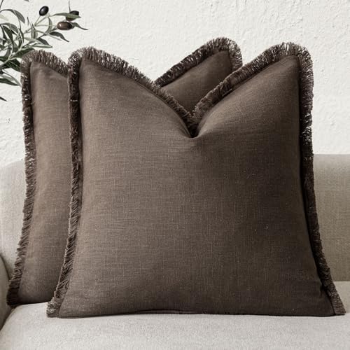 Decorative Linen Fringe Throw Pillow Covers 16×16 Reddish Brown (16" x 16" (Pack of 2) / Reddish Brown)