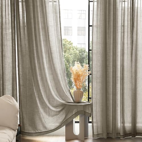 Taupe Linen Curtains 90 inches Long for Living Room Back Tab Rustic Farmhouse Semi Sheer Light Filtering Window Curtain Dining Room Soft Thick Flax Linen Textured Drapes Burlywood Birch Dark Brown (Taupe / 52"W x 90"L (Pack of 2))