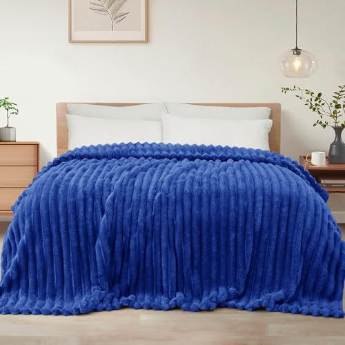 Striped King Size Fleece Blanket for Bed (Cobalt Blue / King ( 90x104 IN ))