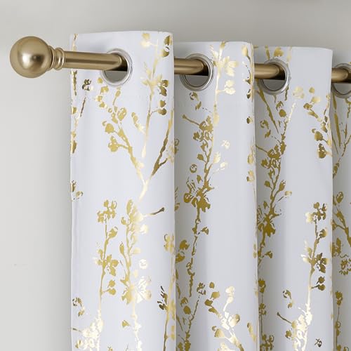 Gold Foil Printed Floral Curtains 100% Blackout (Branch-100% Blackout Greyish White / 52"W x 96"L (Pack of 2))