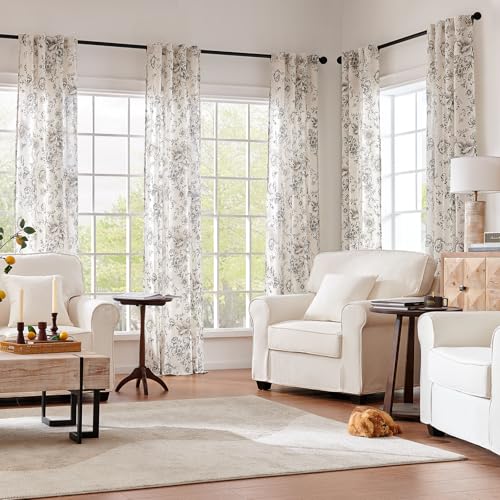 Vintage Floral Linen Curtains 96 Long for Living Room 2 Panels (Black on Beige / 38"W x 96"L (Pack of 2))
